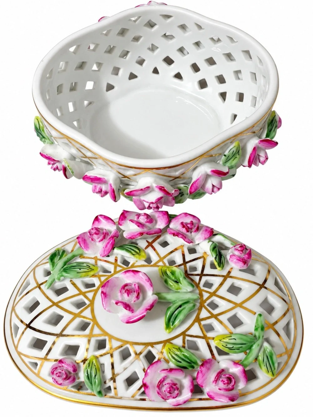 Formations Baum Bros Porcelain Trinket Box Pink Roses 10KT Gold